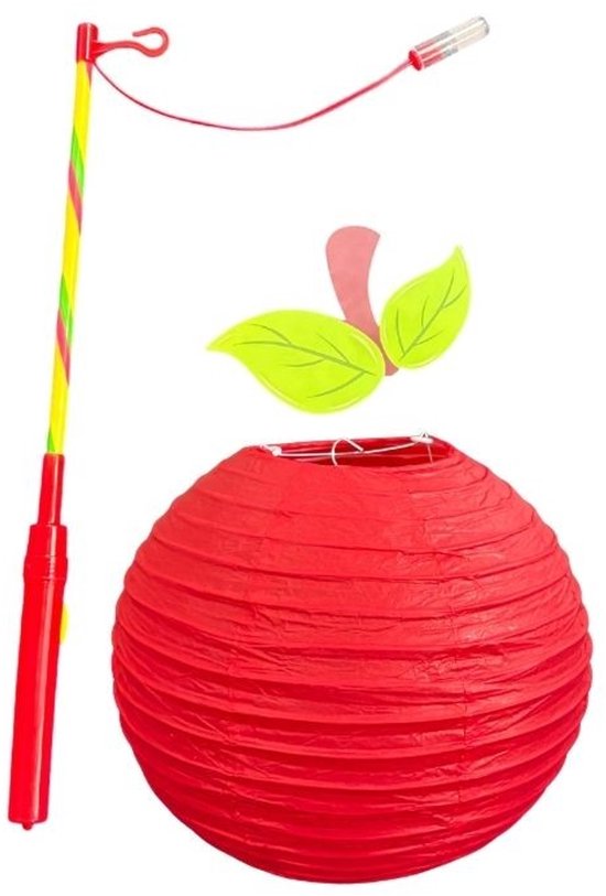 Appel Lampion met Stok - Rood - 25x25cm - Sint Maarten Optocht - Verjaardag Versiering - Feest Decoratie - Kinderfeestje - Lampionnen