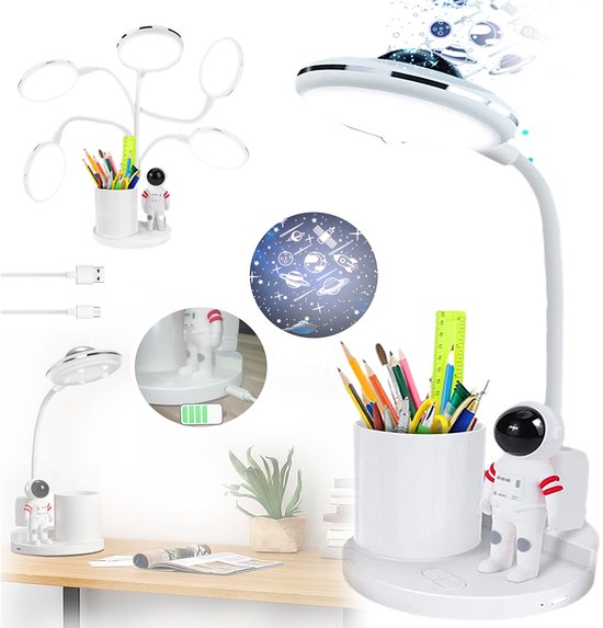 Astronautenlamp Voor Kinderen, Met Pennenhouder en Projector, Dimbaar, Oplaadbaar, Oogbescherming.