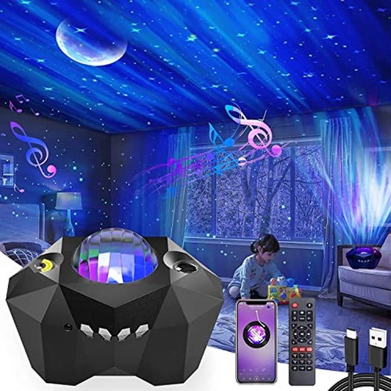 Aurora Projector Nachtlampje met Muziekluidspreker voor Slaapkamer en Feestdecoratie - 15 Kleurmodi, Geluid Geactiveerd, Timer