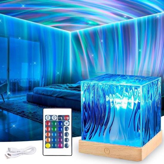 Aurora Projector, sterrenhemel, nachtlampje, watergolving, 16 kleuren, kubus, kristal, Aurora Boreale lamp, 3D-waterprojector, bedlamp, kristallen tafellamp, led-kristallen lamp van Merkloos