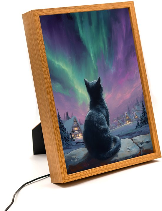 Aurora zwarte kat – 31×23 cm – Verlicht kunstwerk – LED licht portret nachtlampje – Dimbaar – Sfeerverlichting – Kinder Woon en Slaapkamer Wall Art Decor van Merkloos