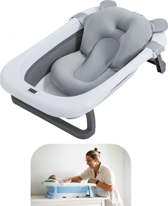 Baboe Opvouwbaar Baby Bad - Babybad met Digitale Thermometer - zitbad - Opvouwbaar bad - Incl Badkussen - Grijs van Baboe