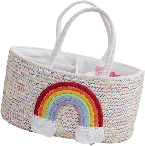 Baby Luiermand voor op de Commode - Opbergmand met 3 Vakken & Handgrepen - Regenboog Design - Organizer voor Luiers, Doekjes en Accessoires - Luiertas Commodemandje - Baby Organizer - Commode Organizer