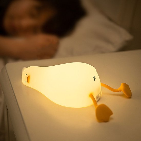 Babykamer Nachtlampje -Kinderkamer Nachtlampje - Lazy Duck - USB -Led Dimmer - Drie dimbare niveaus - Kan getimed worden -Dimbare Touch Sensor LED Lamp voor Kinderen -Kindvriendelijk - Mobielhouder -Liggende eend nachtlampje - Wit van Merkloos