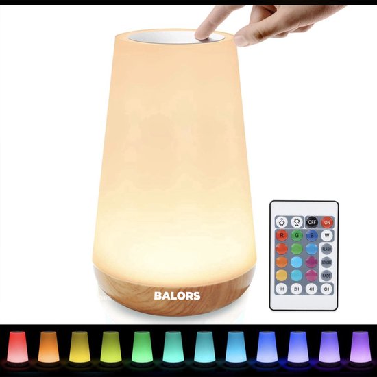 BALORS® USB Oplaadbaar Nachtlampje met afstandsbediening, Led verlichting, Wit Warm licht en 13 RGB kleuren – dimbaar – touch control - Wake-up Light – Sfeerlamp – Leeslamp – Tafellamp – Bedlamp voor baby, kinderen en volwassenen – 15 cm hoog van BALORS®