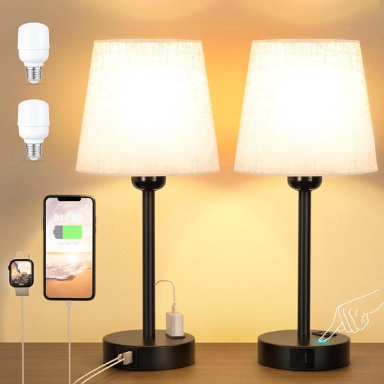 Bedlampje met touchscreen en USB-C-poorten + AC-aansluiting - Set van 2 dimbare tafellampen met 3-weg lampenkap voor slaapkamer, kinderkamer of kantoor - Inclusief lampen van MARAQI