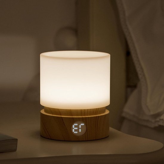 Bedside Table Lamp with Warm Light - Rechargeable LED Lamp Wood Grain - Sleep Aid Timing Off - Dimmable Cordless Battery Operated - Night Lamps . van Heltoa