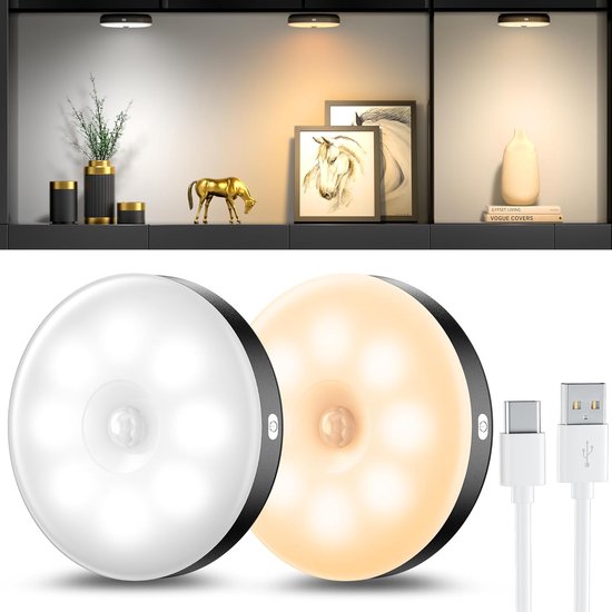 Bedverlichting met bewegingssensor - USB oplaadbare nachtlamp - Kleine LED-nachtlamp - Zwart - 8cm x 8cm x 2cm