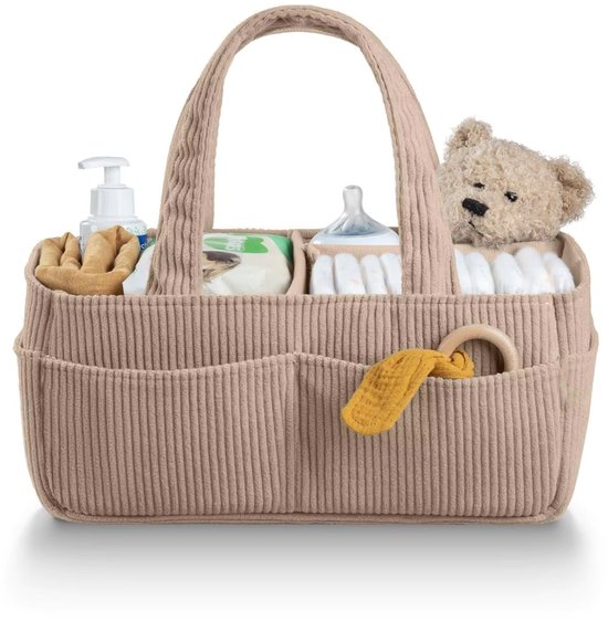Beige Corduroy Luiermand Organizer – Commodemand - Luiertas baby - Ribstof Baby Opbergmand met Vakken en Uitneembare Inzetters – Met Handvatten