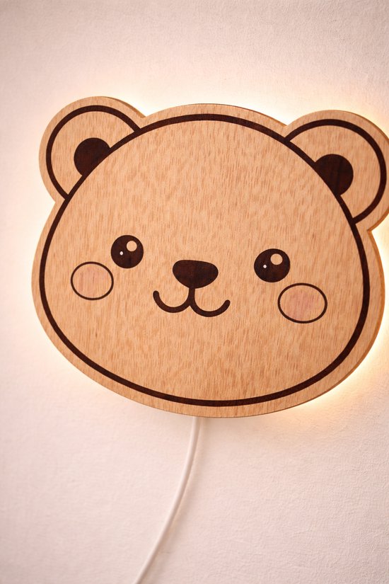 Beren Nachtlamp Kinderkamer - Nachtlamp - wandlamp - nachtlamp kind - kinderkamer – Houten LED Wandlamp – Warm Sfeerlicht – Met Snoer & Schakelaar – E14 – Voor Binnen van Merkloos