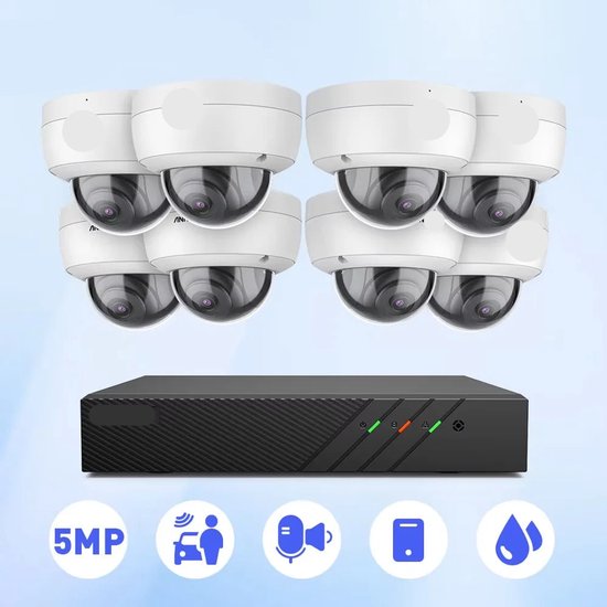 Beveiligingscamerasysteem - 5MP Camera - NVR - POE technologie - Openlucht- P67 Waterdichte - IK10 Vandaalbestendig - Bewakingscamera - Beveiligingscamera - Full HD IP Camera’s met Audio en Nachtzicht (Zonder Harde Schijf) - 2 Stuks - Wit van Merkloos