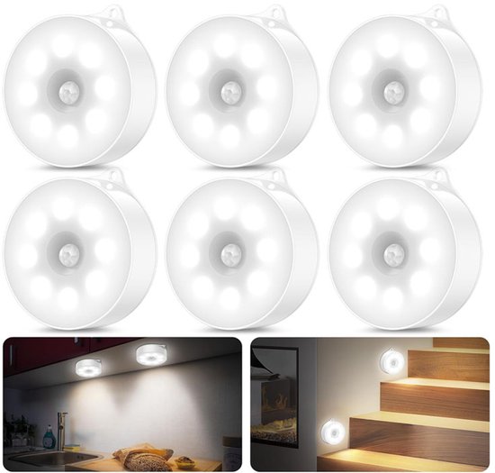 Bewegingsmelderlamp - Lamp Met Bewegingsmelder - Automatisch Aan 3M 25 Sec Automatisch Uit 8 LEDS 60 Lm 2 Instellingen Magnetisch 3M Plakband Modern 10X9X2,3Cm 6 Stuk Wit ABS van Trendyard