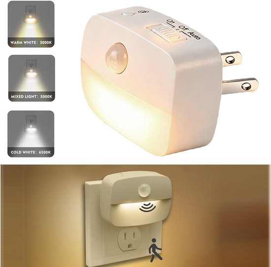 Bewegingssensor nachtlampje 1 stuk - Insteeklamp met stapelloze dimmer (10-30Lm) - 3 lichtstanden: warmwit/koudwit/menglicht - Auto aan/uit sensor voor slaapkamer, toilet, hal en keuken van Merkloos