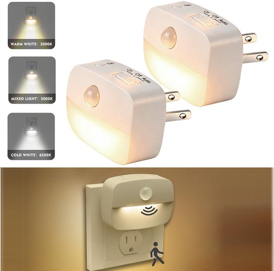 Bewegingssensor nachtlampje 2 stuks - Insteeklamp met stapelloze dimmer (10-30Lm) - 3 lichtstanden: warmwit/koudwit/menglicht - Auto aan/uit sensor voor slaapkamer, toilet, hal en keuken van Merkloos