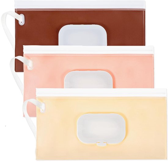 Billendoekjes houder - 3 stuks - Vochtige tissuehouder - Natte doekjes houder - Dispenser - Wipe box - Billendoekjesdoos - Vochtig toiletpapier houder - Geschikt voor make up doekjes, reinigingsdoekjes - Roze + Koffie + Beige - 24*13.5cm