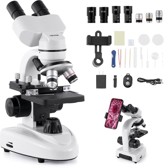 Binoculaire Microscoop - 40x-2000x Vergroting - Professionele Laboratorium Microscoop - LED Verlichting - Inclusief Telefoonhouder - Aluminium Behuizing - Biologische Microscoop - School - Thuis - Studenten - Onderzoek - Microscoop Set