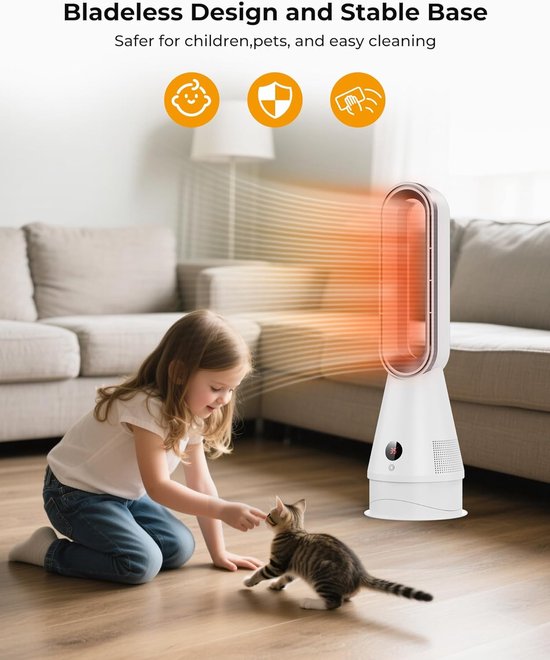 Bladloze Ventilator - Toren Verwarmer - Zomer Winter - 2-in-1 Functie - 64cm Hoog - Wit