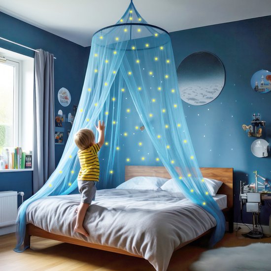 Blauwe Klamboe met 67 Glow in the Dark Sterren - Blauw Hemelbed voor Kinderkamer of Volwassenen - Sterrenhemel Sluier, Hemeltje en Bedtent - Baby Muggennet Decoratie