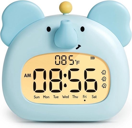 Blauwe olifantenwekker voor de kinderkamer - Met nachtlampje en dimfunctie - 3 alarmen - Timer