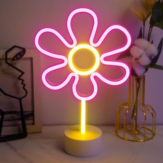 Bloem Neon Lamp - Bloem Licht - Decoratie Kamer - Afneembare Voet - Roze Geel