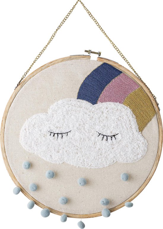Bloomingville Geborduurde Hoepel Wall Decoratie - Wolk en Regenboog