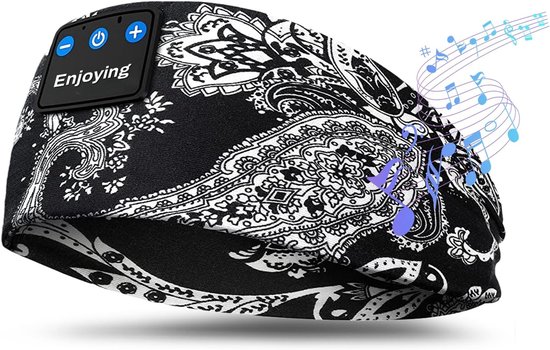 Bluetooth Slaapkoptelefoon - Muziek Hoofdband - Ontspannen Slapen - Dunne Speakers - 20 x 10 cm - Bloemen Zwart