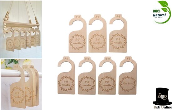 Bob Online ™ - 7 Stuks – Houten Babykastverdelers v/a pasgeboren t/m 24 Maanden – Kinderkamer Decor – Babykledingorganisatoren – Wooden Baby Closet Dividers – Baby Shower gift – Kraam Cadeau  – Kastverdelers – Baby Kleding Maathangers - Maathangers