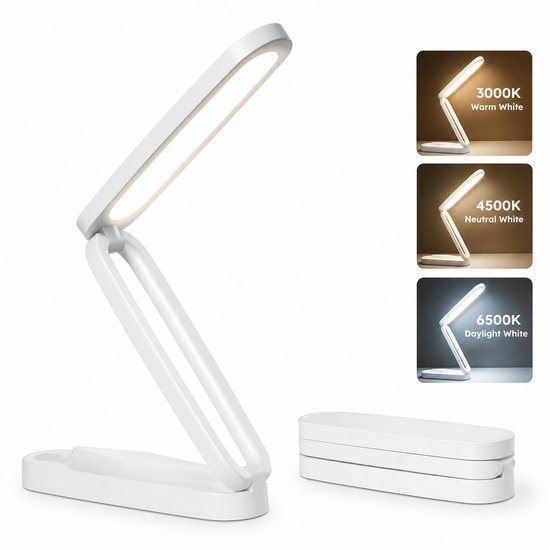 Bobypet - Opvouwbare Draadloze LED Bureaulamp met Accu - Oplaadbare Leeslamp met 3 Lichtstanden en Dimbare Functie - Draagbare USB C Tafellamp voor Studie, Kantoor, Reizen en Nagels - Wit