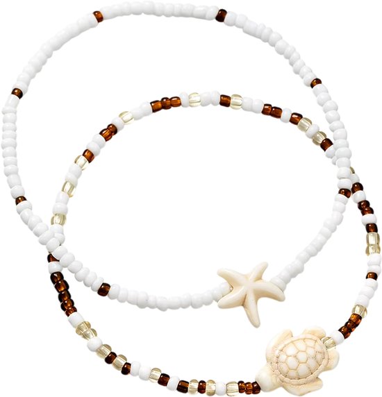 Bohemian Enkelketting voor Dames – Turquoise Zeester en Schildpad met Kralen, Dubbel Laag, Strand en Zomer Sieraden van Gohyuga