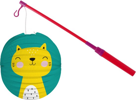 Bol lampion kat/poes - blauw - 22 cm - papier - met lampionstokje - 40 cm