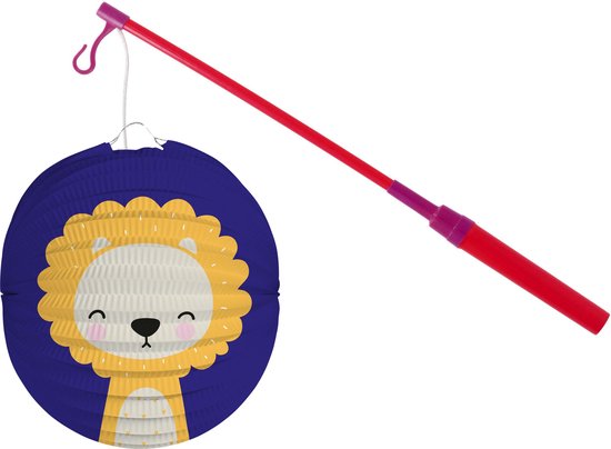 Bol lampion leeuw - blauw - 22 cm - papier - met lampionstokje - 40 cm