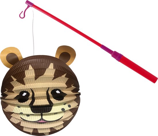 Bol lampion leeuw - donker bruin - H20 cm - papier - met lampionstokje - 40 cm