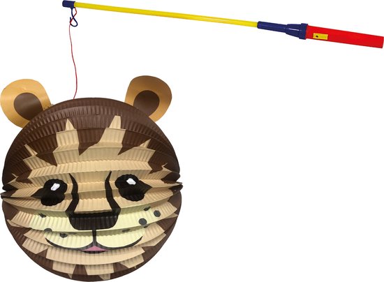 Bol lampion leeuw - donker bruin - H20 cm - papier - met lampionstokje - 50 cm