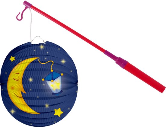 Bol lampion maan - donker blauw - 22 cm - papier - met lampionstokje - 40 cm