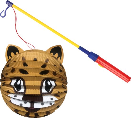 Bol lampion panter - bruin - H20 cm - papier - met lampionstokje - 43 cm