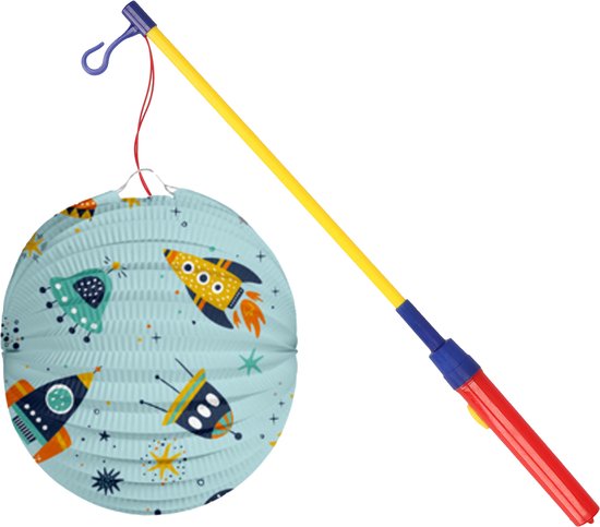 Bol lampion Space - licht blauw - 22 cm - papier - met lampionstokje - 40 cm