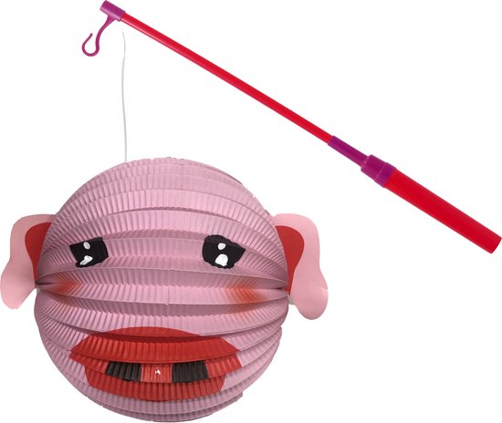 Bol lampion varken - roze - H20 cm - papier - met lampionstokje - 40 cm