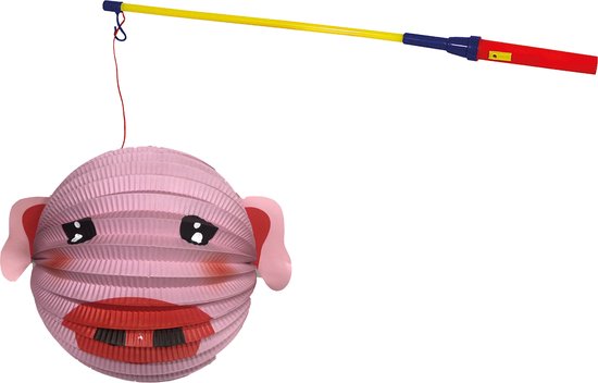 Bol lampion varken - roze - H20 cm - papier - met lampionstokje - 50 cm