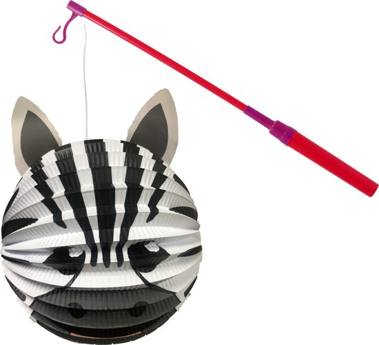 Bol lampion zebra - wit/zwart - H20 cm - papier - met lampionstokje - 40 cm