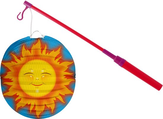 Bol lampion zon - licht blauw - 22 cm - papier - met lampionstokje - 40 cm