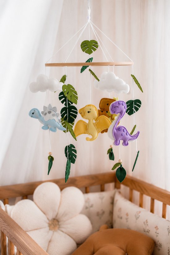 Boxmobiel Dino - Baby Mobiel van Vilt – & Wiegmobiel – Handgemaakt – Unieke Babykamer Decoratie – Zonder Muziekarm -