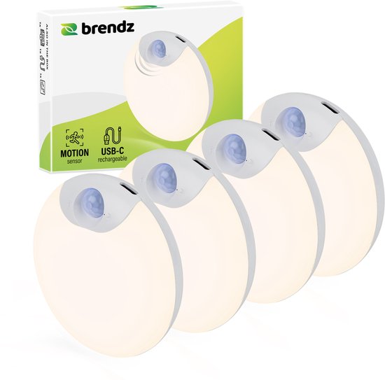 Brendz LED ronde Nachtlampje Bewegingssensor, USB-C Oplaadbaar, Magnetisch, 4 stuks, Warm Wit 3000K, Dimbaar, Kastverlichting Draadloos, Keukenverlichting, Trapverlichting van Merkloos