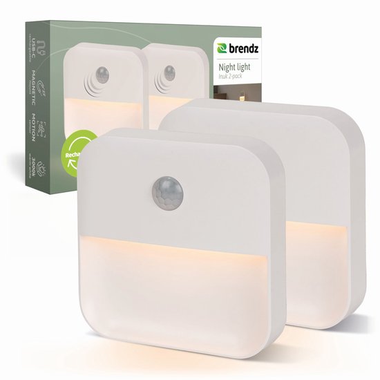 Brendz LED Trapverlichting, Nachtlampje Bewegingssensor, USB-C Oplaadbaar, Magnetisch, Warm Wit 3000K, Kastverlichting Draadloos, Inuk, 2-pack