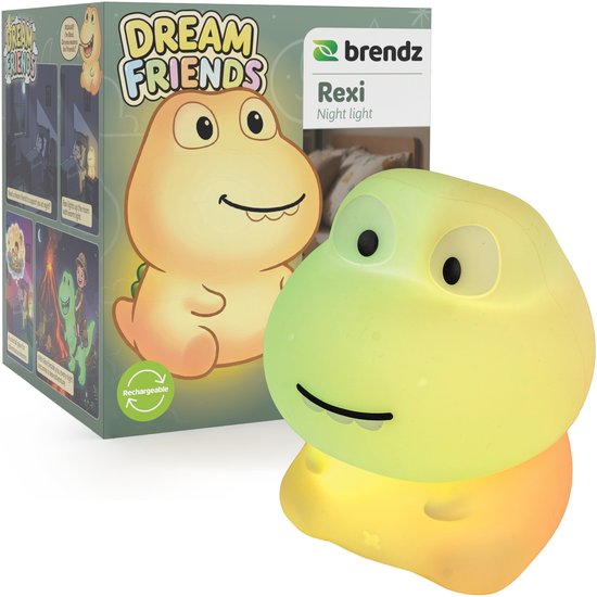 Brendz Oplaadbaar Nachtlampje Kinderen, USB-C, RGB, 15 Min timer, 3 Helderheden, 100 uur runtime, Warm wit licht, Dimbaar, Bedlampje, Oplaadbaar Nachtlampje, Rexi