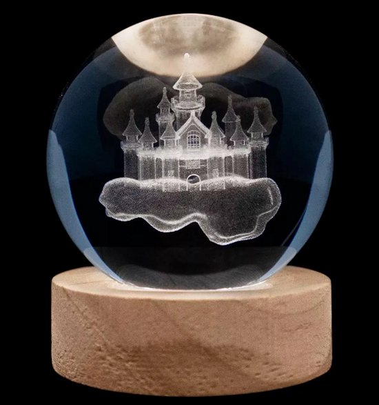 BROSSÈLLES – 3D Kristal Kasteel Lamp | LED Sfeerlicht met Houten Basis | Glasbol Nachtlampje – Magisch Sprookjesdecor & Uniek Cadeau - 8 cm van BROSSÈLLES