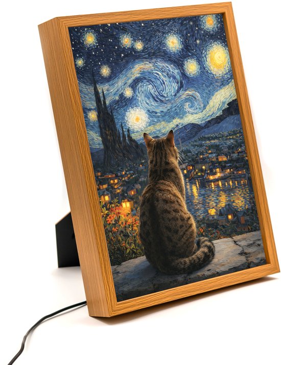 Bruine kat Sterrennacht Van Gogh – 31×23 cm – Verlicht kunstwerk – LED licht portret nachtlampje – Dimbaar – Sfeerverlichting – Woon en Slaapkamer Wall Art Decor van Merkloos