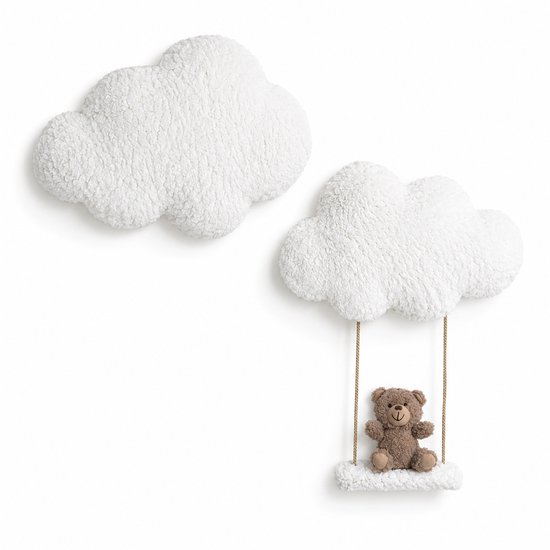 BukkitBow - Teddy Wolkenlamp Set met Schommelbeertje - Handgemaakte Teddy Wolkenlamp - LED Babykamer Nachtlamp - Dimbare Kinderkamer Verlichting - Wit