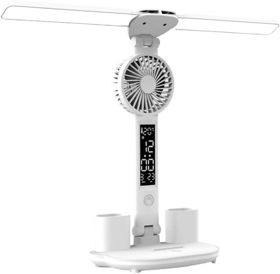 Bureaulamp led dimbaar - Leeslampje voor boek - Bedlamp - LEDtafellamp met klok en ventilator - Bureaulamp 4-in-1 met dubbele zwenkarm3200mAh
