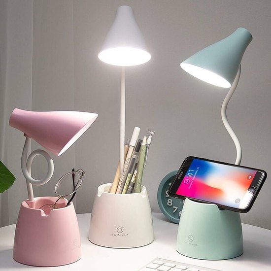Bureaulamp, LED-tafellamp met 3 verlichtingsstanden en aanraaksensor, 360° draaibaar en dimbaar, geschikt voor lezen, studeren en werken (Wit)