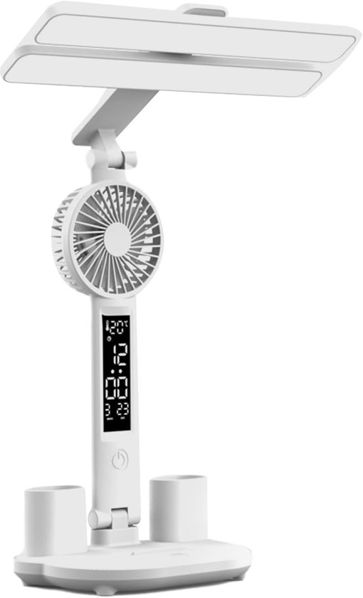 Bureaulamp met klok - oogbescherming bureaulamp met dubbele kop - oplaadbare studielamp, multifunctioneel nachtlampje, bureaulamp met geïntegreerde ventilator, studielamp